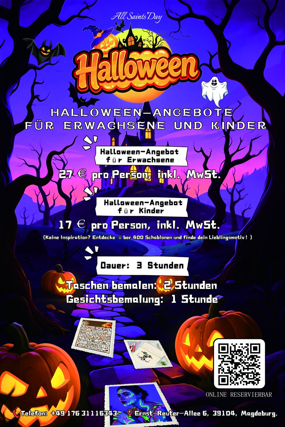 Halloween offer poster: bag painting and face painting for adults and children in Magdeburg