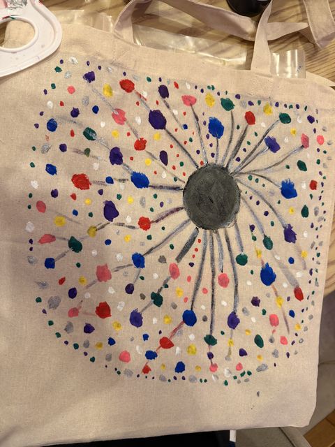 Colourful dotted flower design on a tote bag