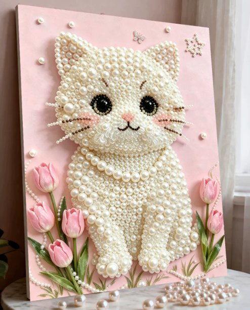 Pearl art · Cat with tulips at Kleines Glück in Magdeburg